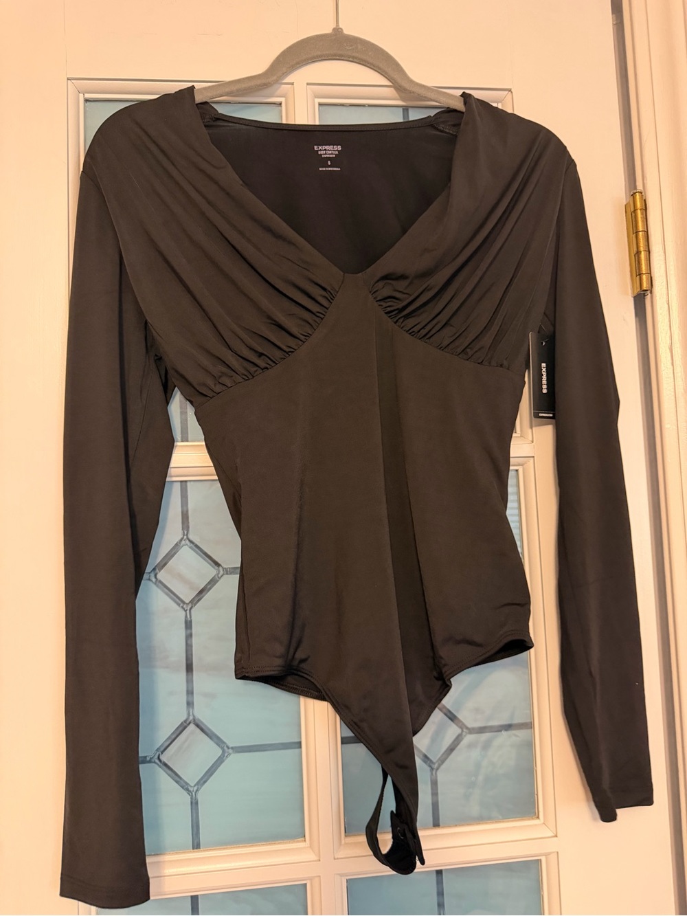 Express Black Long-Sleeve Ruched Bodysuit